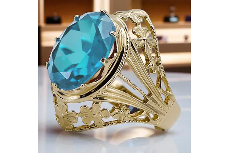 Aquamarine 8K жълто злато Пръстен Винтидж крафт vrc031x-aq Art Deco Руски стил СССР, съветски